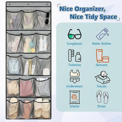 Over The Door Cruise Ship Organizer - Cruise Ship Magnetic Door Organizer with 15 Size-Graded Pockets, Hanging Magnetic Cruise Storage Shoe Rack for Cabin, 2025 Cruise Essential, 9 Hooks(Grey)