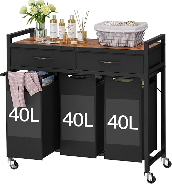 Laundry Sorter 3 Section, 120 L Laundry Hamper with 2 Drawers & 2-tone Top Panel, Rolling Laundry Basket Organizer with Pull-Out Removable Oxford Fabric Bags for Laundry Room Organization UNZYL006BVV3