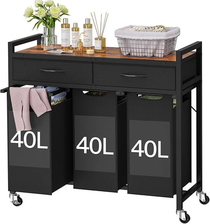 Laundry Sorter 3 Section, 120 L Laundry Hamper with 2 Drawers & 2-tone Top Panel, Rolling Laundry Basket Organizer with Pull-Out Removable Oxford Fabric Bags for Laundry Room Organization UNZYL006BVV3