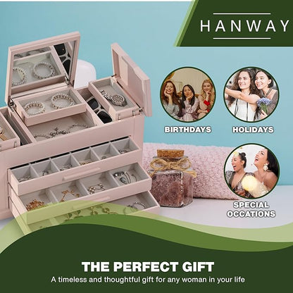 Hanway 4 Layers Wooden Jewelry Box Organizer for Women, with multiple compartments, featuring interior mirror & tray for necklaces, earrings, bracelets, glasses, and rings (Pink)