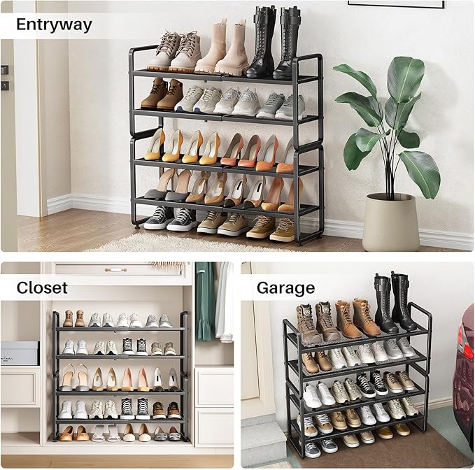 SNTD Shoe Rack - Expandable Shoe Organizer for Closet, Adjustable Metal Shoe Shelf Storage, Stackable Long Shoe Stand Holder for Garage, Entryway, Door Entrance (Black, 4-Tier)