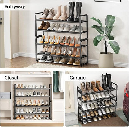 SNTD Shoe Rack - Expandable Shoe Organizer for Closet, Adjustable Metal Shoe Shelf Storage, Stackable Long Shoe Stand Holder for Garage, Entryway, Door Entrance (Black, 4-Tier)