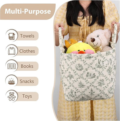 Storage Basket Boho Fabric Large Collapsible Floral Laundry Nursery Hamper Portable Folding Storage for Clothes Toys (Vine-Green)