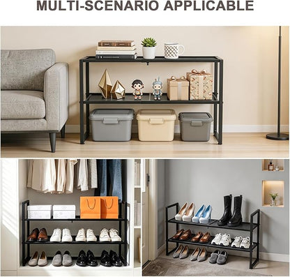 Expandable Shoe Rack,2 Tier Adjustable Metal Shoe Shelf for Closet,Sturdy Free Standing Shoe Storage for Door Entrance,Bedroom,Small Spaces,Black