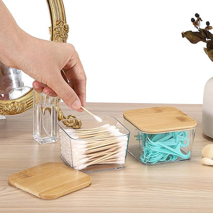 Hipiwe 2 Pcs Plastic Cotton Swab Organizer with Lid Clear Apothecary Jars Bathroom Accessories Dispenser Set Square Storage Canister for Cotton Balls Pads Floss Picks