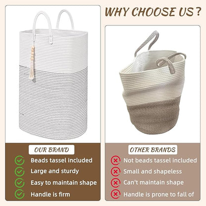 Woven Laundry Basket for Clothes, 80L Large Rectangle Laundry Hampers with Beads Tassel, Nursery Storage Basket for Toys, Tall Dirty Clothes Hamper for Bedroom Aesthetic, Laundry Room Organization