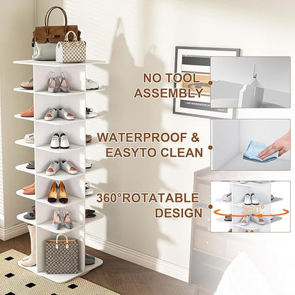 Runboll 7-Tier Rotating Shoe Rack Tower Spinning Shoe Display Lazy Susan Tower, Free Standing 360 Revolving Shoe Storage Organizer for Living Room Entryway Doorway