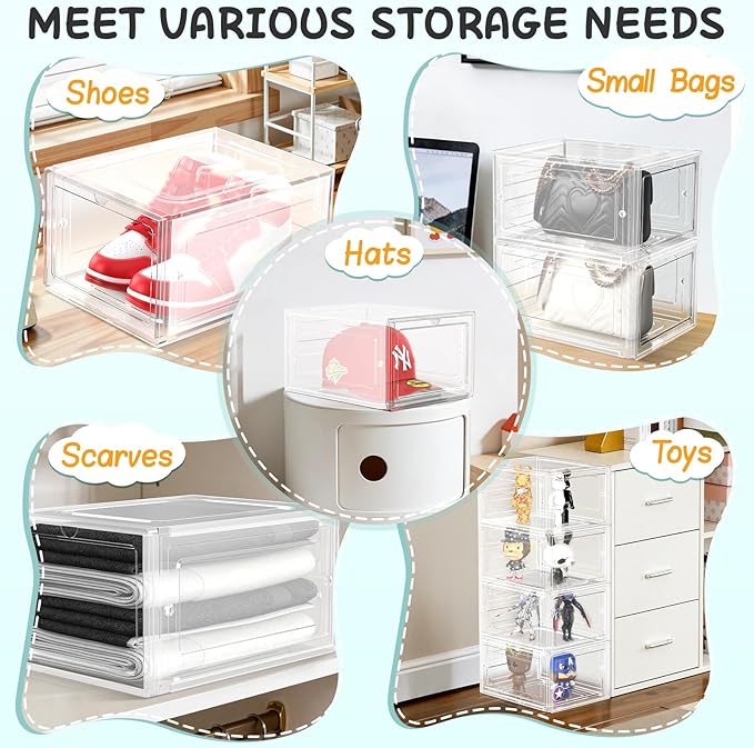 SCAVATA 6 Pack Hat Organizer Box, Stackable Clear Baseball Caps Holder Box Containers with Magnetic Door for Hats Snapback Cap Storag, Hat Rack Display Case, Holds 8 Hats Each (Clear)
