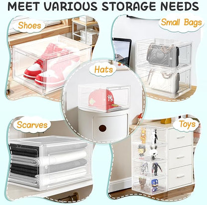 SCAVATA 6 Pack Hat Organizer Box, Stackable Clear Baseball Caps Holder Box Containers with Magnetic Door for Hats Snapback Cap Storag, Hat Rack Display Case, Holds 8 Hats Each (Clear)