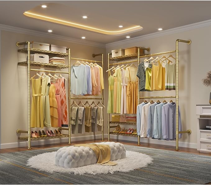 Timate F2 Industrial Pipe Clothes Rack Wall Mounted Clothing Rack for Hanging Clothes, Expandable Garment Rack Heavy Duty Wardrobe Closet Organizer and Storage, Adjustable Industrial Closet Kit, Gold