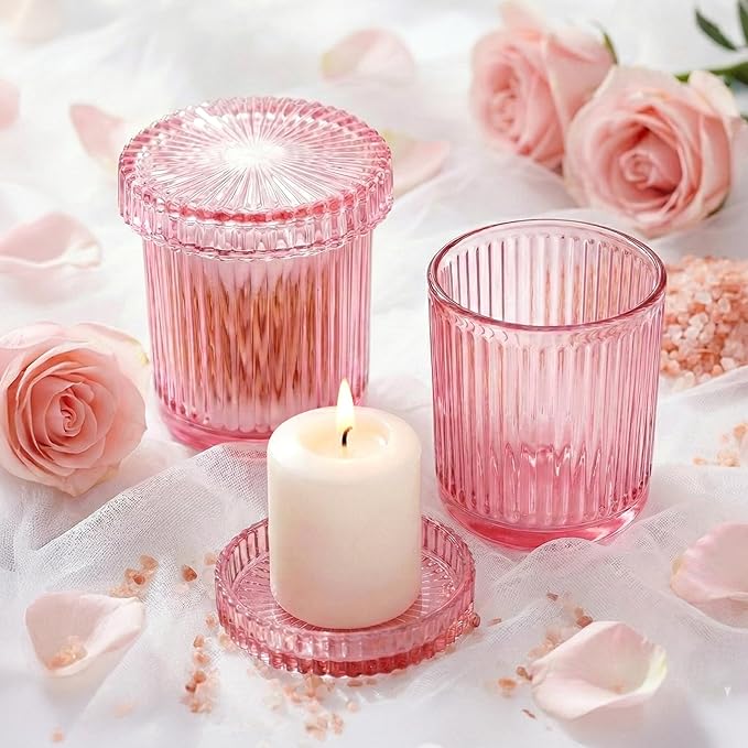 2 Pack Qtip Holder - Apothecary Jars with Lids, Bathroom Organizers and Storage Canister for Cotton Balls,Swabs,Floss Picks,Hair Ties,Clear Glass Vintage Bathroom Decor Jar Set (Pink)