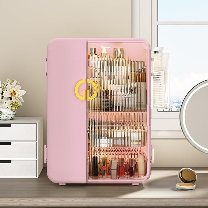 UAK Makeup Organizer with Drawers for Vanity, Cosmetic Display Case with Brush Holders, Storage for Skincare Countertop Bathroom (Pink)