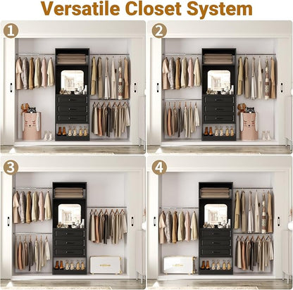 Unikito 8FT Closet System with Mirror, 96 Inch Walk in Closet Organizer Kit with Drawers and 3 Extendable Hanging Rods, Sturdy Wood Clothing Garment Rack with 25” Tower, Max Load 1000 LBS, Black