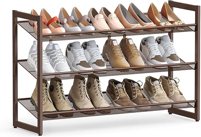 SONGMICS HOME 3-Tier Stackable Shoe Rack, Metal Shoe Organizer for Closet, Entryway, Garage, Flat or Slanted Mesh Shelves, Brown
