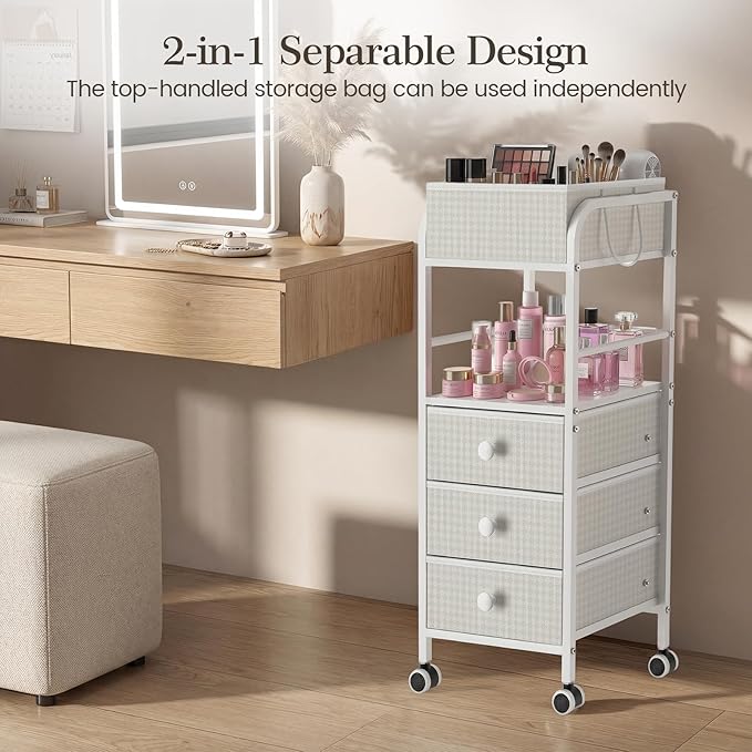2-in-1 Makeup Organizer Cart with Removable Travel Cosmetic Bag, 5 Tier Rolling Makeup Cart on Wheels with Drawers, Floor Cosmetic Display Cases Holder for Vanity Skincare Perfume Nail Polish Storage