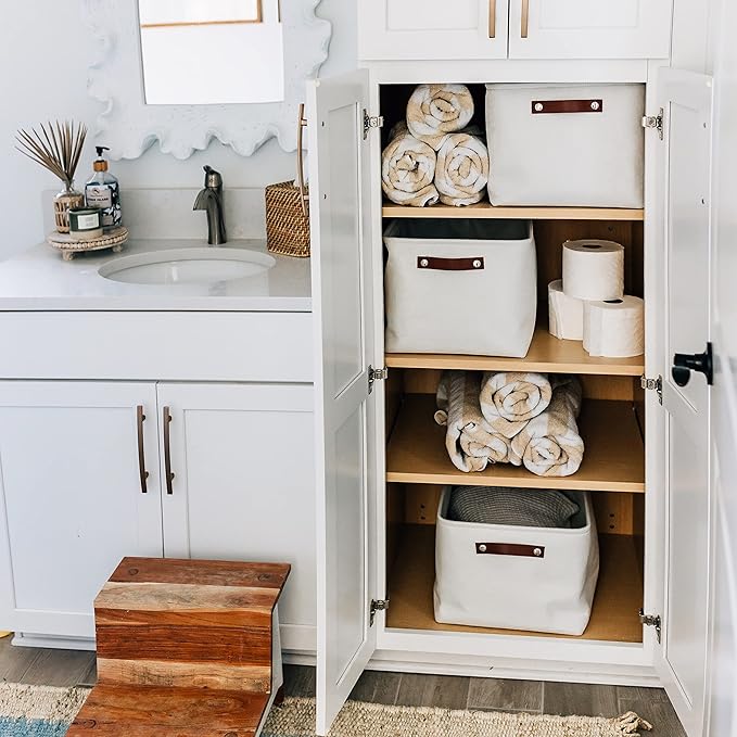 OrganiHaus 16x12.5in Canvas Storage Baskets 3 Pack | EXTRA LARGE Fabric Bins for Shelves | Linen Closet Organizer | Full Off-White