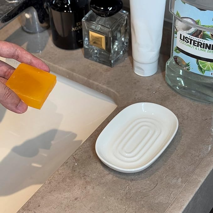 Ceramic Marble Pattern Soap Dish, Textured Raised Soap Saver Tray for Shower Bathroom Kitchen Sink Vanity, Easy to Clean Multi-Use Holder for Bar Soap Jewelry Rings Keys, White (1 Pack)