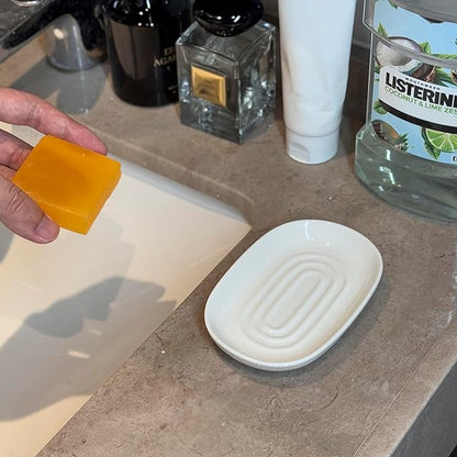 Ceramic Marble Pattern Soap Dish, Textured Raised Soap Saver Tray for Shower Bathroom Kitchen Sink Vanity, Easy to Clean Multi-Use Holder for Bar Soap Jewelry Rings Keys, White (1 Pack)