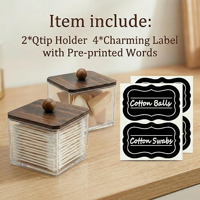 SheeChung Qtip Holder for Bathroom - Walnut Wood Lid Acrylic Cotton Swab Dispenser, Clear Apothecary Jar for Cotton Balls, Pads, Flossers, Farmhouse Vanity Storage Organizer (2 pack)