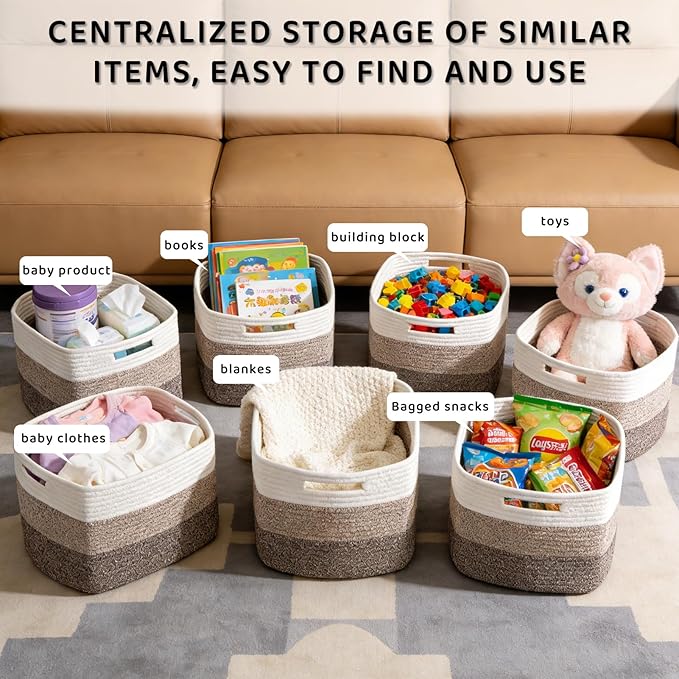 4 Pack Large Storage Baskets for Organizing, 16''Lx12''Wx8''H Woven Baskets for Storage Toys, Towels, Books, and Clothes, Cotton Rope Basket for Shelves with Handle