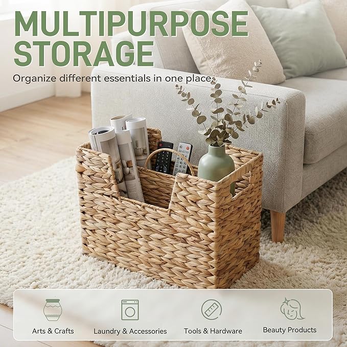 Wicker Magazine Basket with Handle, Water Hyacinth Magazine Holder with 2 Compartments, Handwoven Storage Basket for Books Files Newspapers