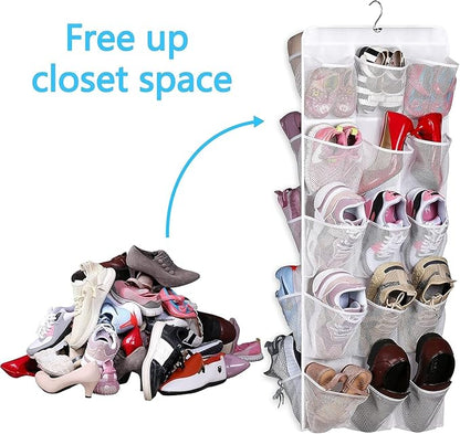 MISSLO 30 Large Pockets Dual Sided Hanging Baby Shoe Organizer for Closet with Rotating Hanger Hanging Shoe Shelves, White