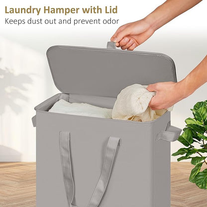efluky Slim Laundry Basket with Lid, Narrow Laundry Hamper with Handles, Collapsible Dirty Clothes Hamper, Tall Laundry Bin for Laundry Room, Dorm and Bedroom, 55L Grey