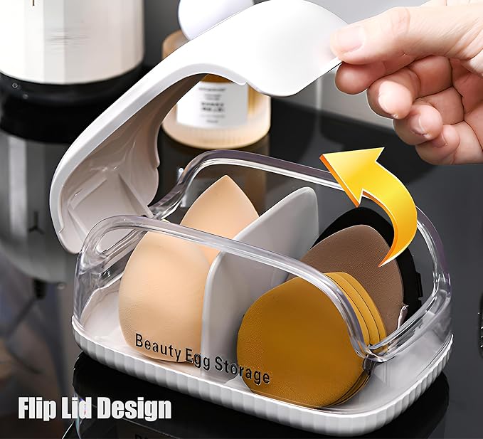 Beauty Blender Holder, Makeup Sponge Holder with Lid, Beauty Blender Organizer, Makeup Sponge Case for Countertop (White Lid)