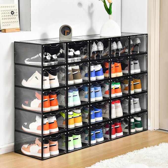 Stebopum 12 Pack Stackable Shoe Storage Organizer with Magnetic Door, Shoe Boxes Clear Black Plastic for Closet, Shoe Rack for Sneaker Boot Container, Shoe Cabinet Fit up to US Size 12