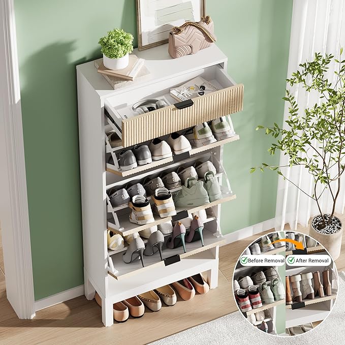 IDEALHOUSE Shoe Storage Cabinet with 3 Flip Drawers, Farmhouse Fluted Shoe Organizer with Metal Legs, Freestanding Hidden Slim Narrow Shoe Rack for Entryway, Foyer, Hallway