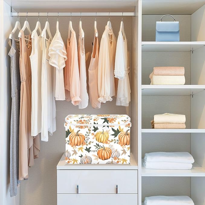 senya Thanksgiving Storage Baskets Collapsible Storage Bins with Lids, Pumpkins Flowers Leaves Thanksgiving Storage Boxes Clothes Baskets for Organizing