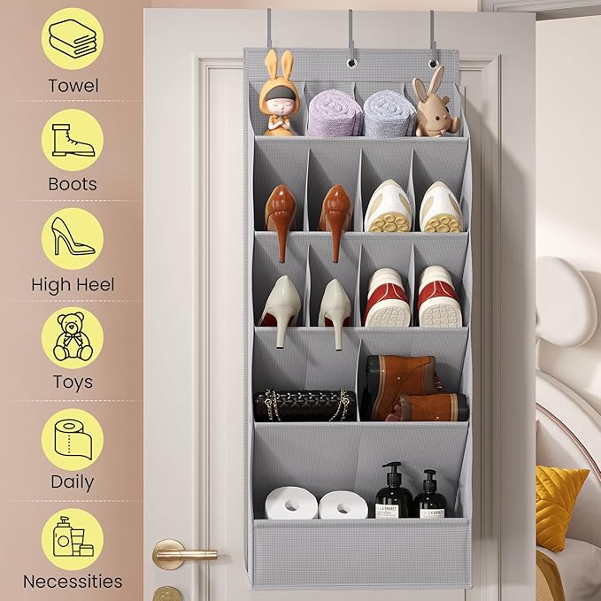 18 Pairs Over the Door Shoe Organizer, Shoe Rack for Closet Door with Large Breathable Pockets, Hanging Shoes Rack for Boots, Behind the Door Organizer Shoe Holder for Categorized Storage, Grey ﻿