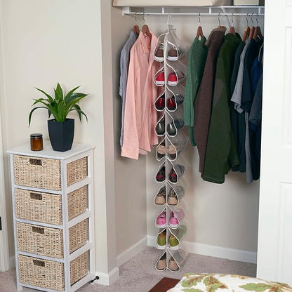 Household Essentials 20-Pocket Closet Shoe File, Durable Canvas and Plastic, Holds 10 Pairs of Shoes, Individual Storage, Single Hook System
