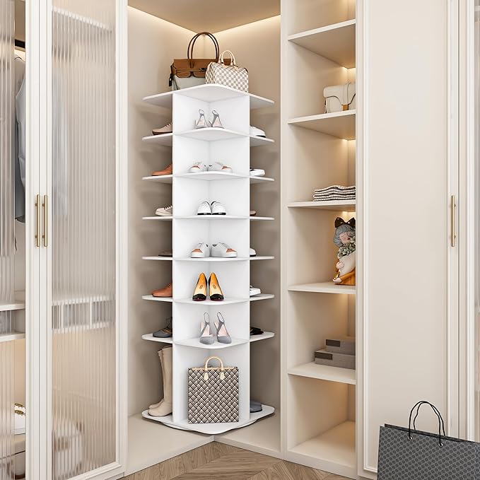 Runboll 7-Tier Rotating Shoe Rack Tower Spinning Shoe Display Lazy Susan Tower, Free Standing 360 Revolving Shoe Storage Organizer for Living Room Entryway Doorway