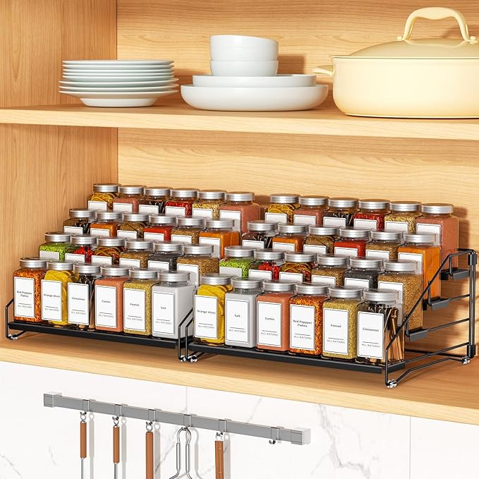 BOIVSHI 4 Tier Spice Rack Organzier, Spice Rack for Cabinet, Adjustable Depth Seasoning Shelf for Countertop, Pantry, Seasoning Organizer, Metal, Black (2 Pack)