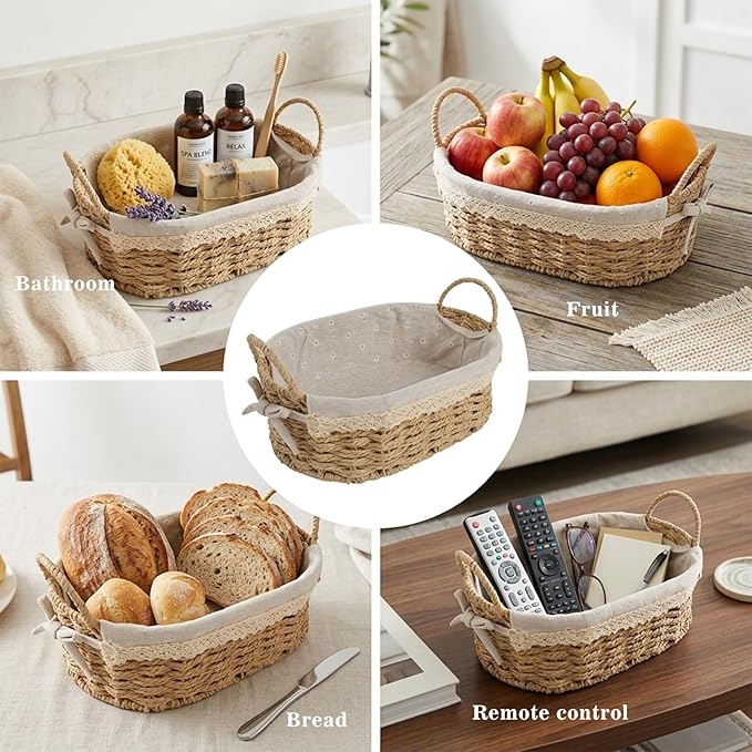 2 Pcs Wicker Basket, Small Woven Storage Baskets with Handles & Liner, Oval Boho Paper Rope Cute Baskets for Gift, Decor, Pantry, Shelf, Table Organizer