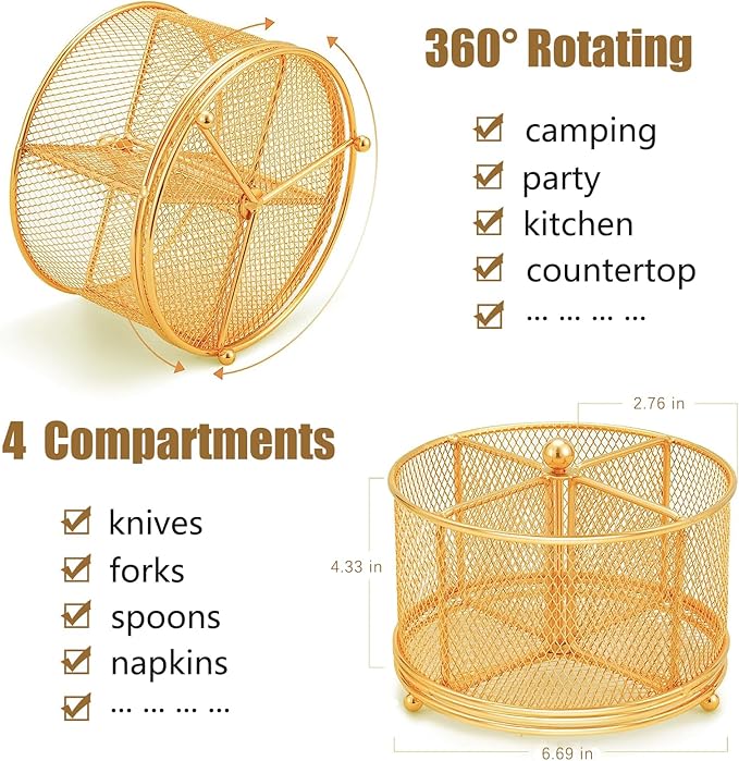 DysanVica 360° Rotating Metal Utensil Caddy - 4 Compartment Silverware Cutlery Holder Rotation Fork Spoon Napkin Organizer Flatware Storage Basket Party Countertop Buffet Picnic Camping Outdoor Gold