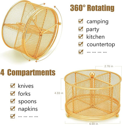 DysanVica 360° Rotating Metal Utensil Caddy - 4 Compartment Silverware Cutlery Holder Rotation Fork Spoon Napkin Organizer Flatware Storage Basket Party Countertop Buffet Picnic Camping Outdoor Gold