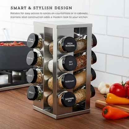 Kamenstein 16 Jar Heritage Revolving Countertop Spice Rack Organizer with Spices Included, FREE Spice Refills for 5 years, Brushed Stainless Steel with Black Caps | Revolving