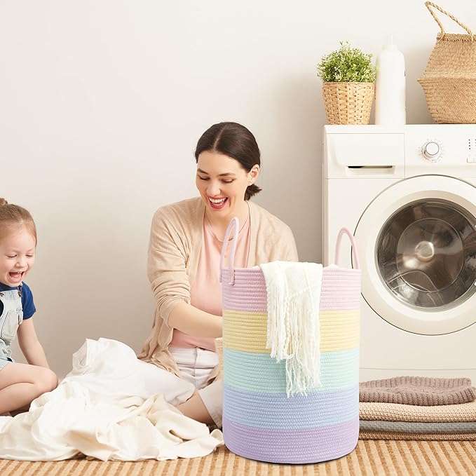 Woven Cotton Rope Laundry basket-15”X20” Laundry Hamper-Rope Storage Basket for Dirty Clothes, Toys and Blankets Perfect for Bathroom, Baby nursery and Living Room Storage (light rainbow)