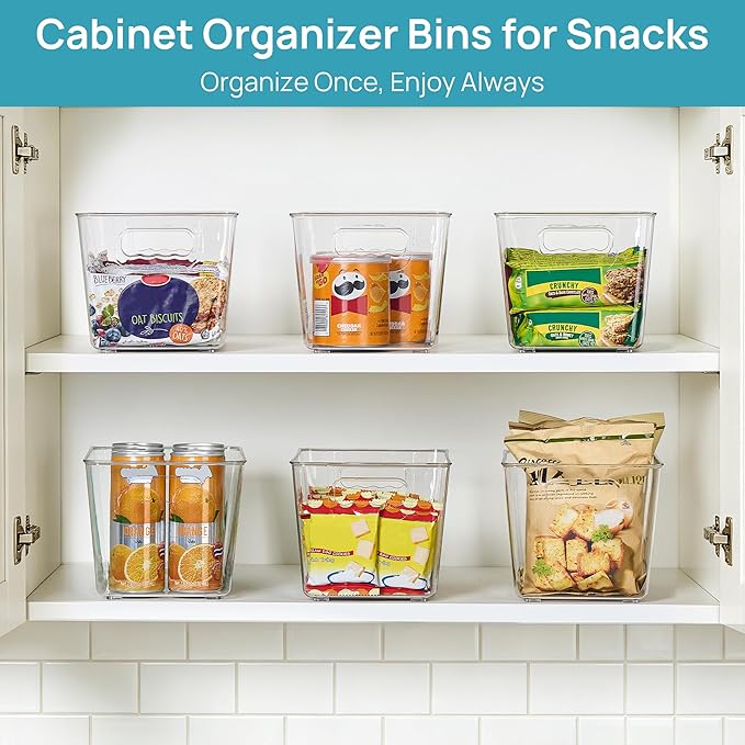 Vtopmart 6 Pack Clear Storage Bins, Pantry Cabinet Organizer Bins with Handle for Pantry Organizer and Storage, Plastic Bins for Fridge, Cabinet, Kitchen, Countertops, Cupboard, Freezer, Medium