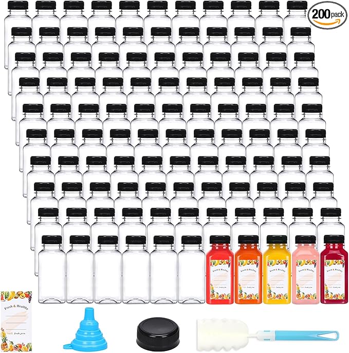Moretoes 200pcs 8oz Plastic Juice Bottles with Caps, Clear Empty Reusable Water Bottles, Disposable Beverage Containers Bulk for Juicing Smoothies Turmeric Juice Milk and Other Beverages