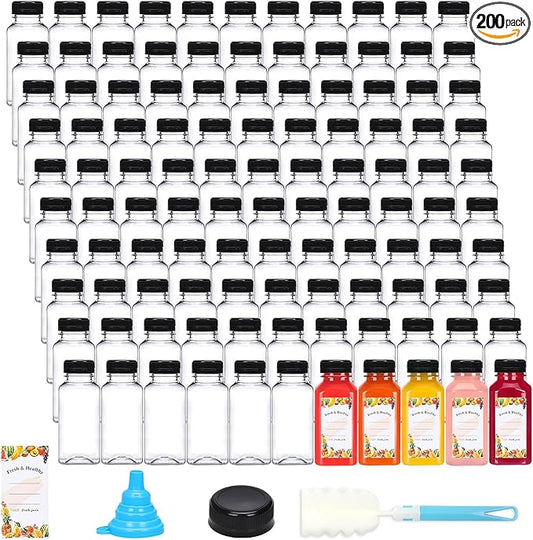 Moretoes 200pcs 8oz Plastic Juice Bottles with Caps, Clear Empty Reusable Water Bottles, Disposable Beverage Containers Bulk for Juicing Smoothies Turmeric Juice Milk and Other Beverages