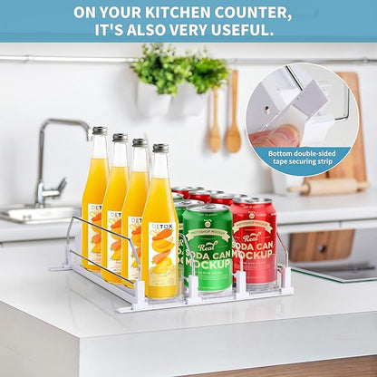 Drink Organizer for Fridge, Upgrade self locking push buttonfor Soda Can Dispenser for Refrigerator, Automatic Pusher Glide and Adjustable Width Can Fridge Organizer Hold up to 12 Cans 3 Rows