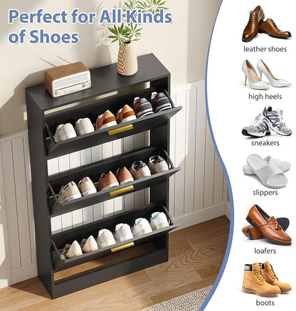 Shoe Cabinet with 3 Flip Drawers, Shoe Cabinet Storage for Entryway, Black Modern Shoe Organizer Wood, Freestanding Small Thin Shoe Racks with Doors, Black
