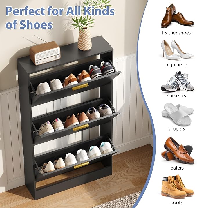Shoe Cabinet Storage for Entryway, White Shoe Organizer with 2 Flip Drawers & Open Shelf, Freestanding Hidden Large Shoe Storage Cabinet (1pc-Black, 3 Flip Drawers)