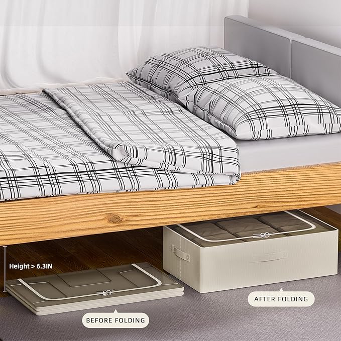 CYhom Under Bed Storage Bins Frame Storage Box Oxford Fabric Sturdy Underbed Container Foldable Stackable Large Capacity Clothes Organizer (Beige, 23.6" x 19.7" x 6.3")
