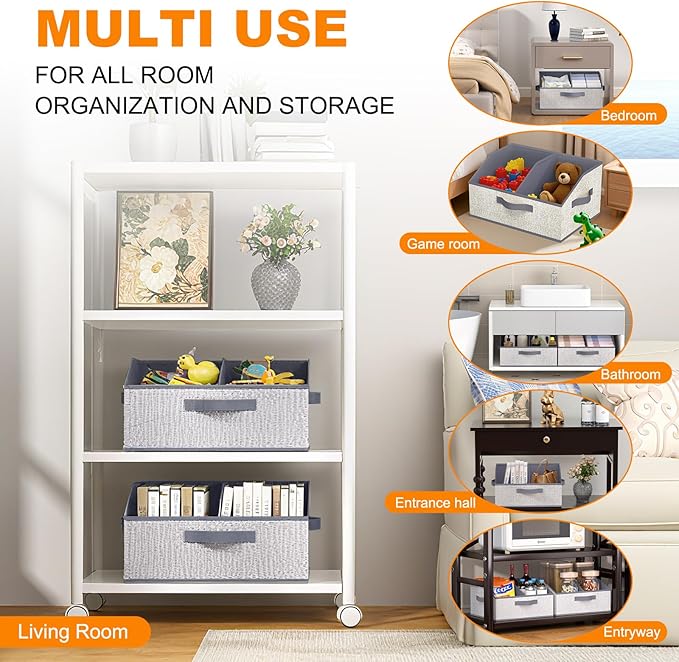 Closet Storage Bins 6 Pack, Large Closet Organizer Baskets with Divider & Handles,Trapezoid Fabric Shelf Organizers, Collapsible Storage Cubes for Clothes, Towels, Toys-Gray