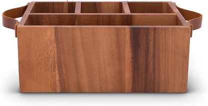 Vagabond House Caddy Rectangle Acacia Wood Flatware/Serve ware/Utensil/Carry-All Holder with Solid Pewter Rustic Elk Accent Real Leather Handles, 3 Small and 1 Larger Compartment 13 inch Long