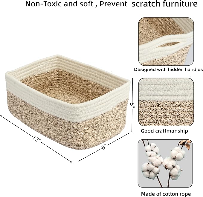 XUANGUO Small Woven Storage Baskets 12“X8”X5“ Decorative Rope Bins for Organizing Shelves, Closets, and Toys, Empty Gift Baskets, Cute Organizer Basket for Home and Office (white and brown regular)